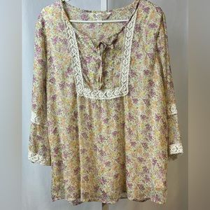 Krazy‎ Kat Long Sleeve Floral & Lace Top Blouse Sheer Lined Boho Peasant sz XL